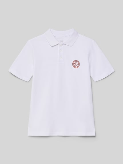 Produktfoto, weißes Regular Fit Poloshirt mit Label-Print Modell 'ALLIANCE' von Jack & Jones aus reiner Baumwolle, Knopfleiste, glatte Struktur