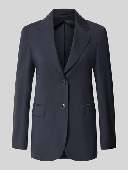Produktfoto, dunkelblauer Regular Fit Longblazer aus reiner Schurwolle Modell 'ASSENZI' von Max Mara Studio, glatte Textur, Damen Longblazer.