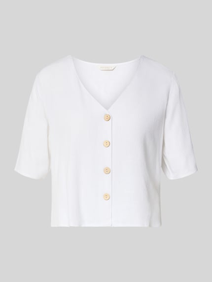 Produktfoto, witte 'Hemdbluse aus Viskose-Mix mit Leinen-Anteil' van Apricot, rechte fit, V-hals, knoopsluiting, korte mouw, gladde textuur