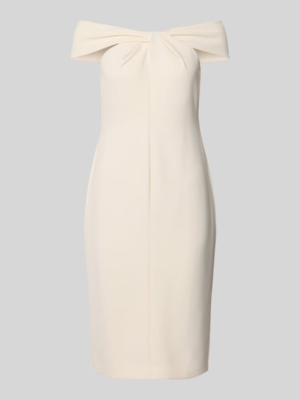 Produktfoto, knielanges Cocktailkleid mit Knoten-Detail Modell 'TAKOTA' von Lauren Ralph Lauren in Creme, taillierte Passform, Carmen-Ausschnitt, Material-Mix mit Stretch-Anteil, Reißverschluss auf der Rückseite.