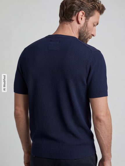 Männermodel trägt Regular Fit T-Shirt aus reiner Baumwolle von MCNEAL in Dunkelblau mit Strukturmuster, gerippten Abschlüssen, Ganzkörperansicht Rückansicht.