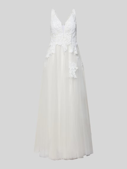 Productfoto, Brautkleid met hartvormige halslijn van Mascara, wit, getailleerde snit, ondoorzichtig onderkleed, sierdetails, ritssluiting.