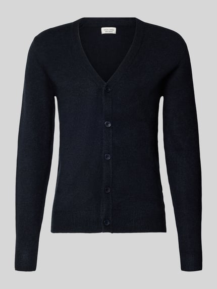 Productfoto, Strickjacke mit Knopfleiste Modell 'HEINE' van Casual Friday, donkerblauw, katoenmix, regular fit, geribde boorden, V-hals.