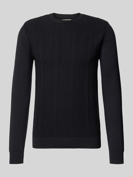 Produktfoto, Slim Fit Pullover in tricotlook Model 'Baron' van Blend in zwart, puur katoen, ronde hals, elastische boorden, heren