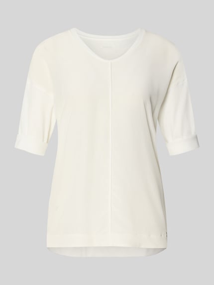 Produktfoto, T-Shirt mit Ärmelaufschlag und Rundhalsausschnitt von Marc Cain, Damen T-Shirt aus Baumwoll-Mix mit Stretch-Anteil, Straight Fit, Label-Detail, Rückenlänge bei Größe 36: 62 cm, cremefarben, glatte Textur