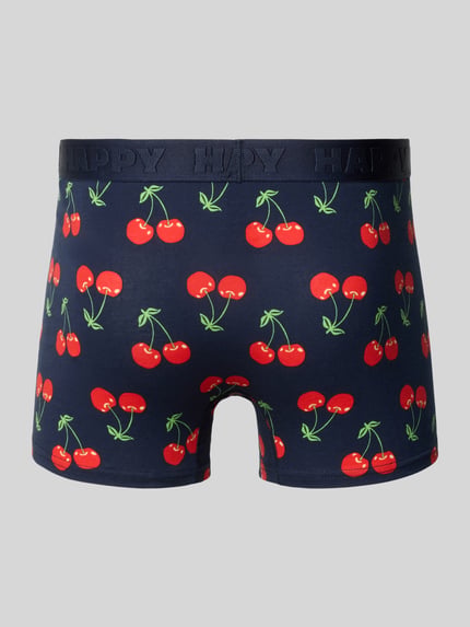 Produktfoto, Boxershorts mit elastischem Logo-Bund im 3er-Pack von Happy Socks, dunkelblauer Baumwoll-Elasthan-Mix mit roten Kirschmotiven, körpernaher Schnitt, sichtbarer elastischer Bund, Herren Unterwäsche