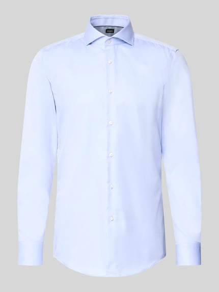 Produktfoto, hellblaues Slim-Fit Businesshemd aus reiner Baumwolle Modell 'H-HANK-SP-B1' von BOSS für Herren vor grauem Hintergrund