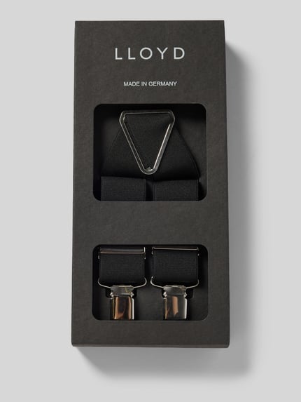 Produktfoto, Hosenträger in X-vorm van Lloyd Men's Belts, zwart met metalen achterkant, verstelbare bandjes en clips, herenaccessoire