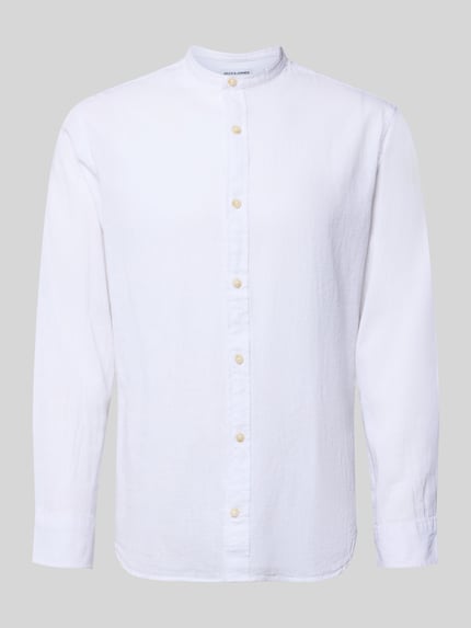 Produktfoto, weißes Regular Fit Freizeithemd aus Baumwoll-Leinen-Mix von Jack & Jones, Stehkragen und Knopfleiste, glatte Textur