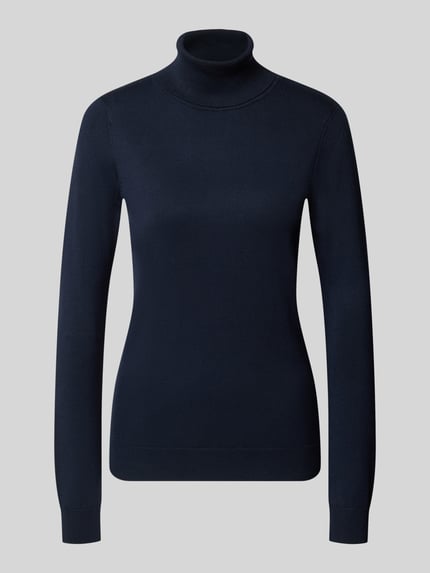 Produktfoto, dunkelblauer Slim Fit Strickpullover aus Viskose-Mix Modell 'IHLULS' von ICHI, Rollkragen, elastische Abschlüsse, glatte Textur