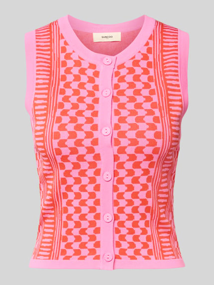 Produktfoto, Strickweste aus Viskose-Mix Modell 'GABLESI' von SUNCOO PARIS, dopasowany krój, krój bez rękawów, okrągły dekolt, listwa guzikowa, długość tyłu w rozmiarze S: 47 cm, różowe i pomarańczowe geometryczne wzory, tekstura dzianiny