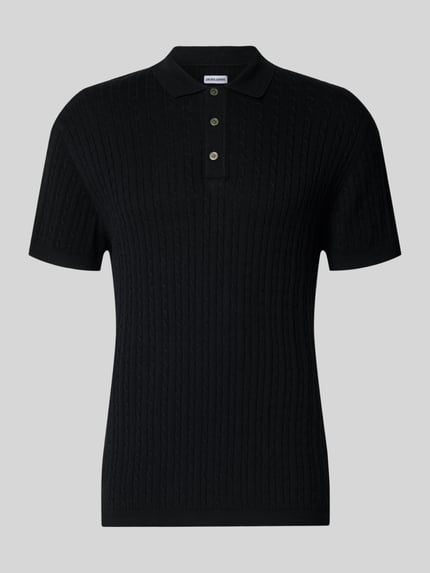 Productfoto, Slim Fit Strick-Poloshirt mit Zopfmuster Modell 'EMIL' van Jack & Jones, katoenmix met viscose, donkerblauw, knoopsluiting