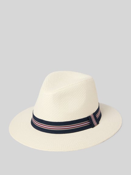 Produktfoto, kapelusz z Papieru w kolorze kremowym, ozdobiony Tasiemka ozdobna, Müller Headwear, szeroka krawędź, tekstura pleciona