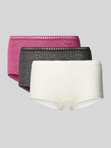 Produktfoto, Hipster mit Stretch-Anteil Modell 'GO CRUSH' im 3er-Pack von Sloggi, Baumwoll-Elasthan-Mix, eng anliegend, elastischer Bund mit Muschelsaum, Label-Print, Farben in Weiß, Schwarz und Pink, feine gewebte Textur