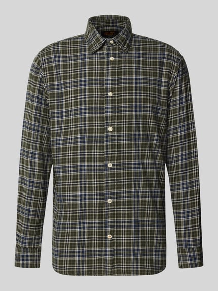 Produktfoto, Regular Fit Freizeithemd mit Kentkragen Modell 'FIELD' von JACK & JONES, kariertes Muster in Grün, Blau und Weiß, reine Baumwolle, glatte Textur, gerader Schnitt, Kontext: Rückenlänge 75 cm, Schulterbreite 48 cm, Ärmellänge 65 cm