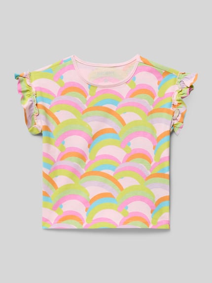 Produktfoto, Regular Fit T-Shirt mit Rüschenbesatz van Blue Seven, puur katoen, ronde hals, korte mouw, printmotief, ruglengte maat 116: 41 cm