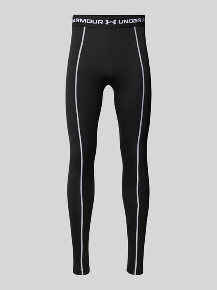 Produktfoto, Legginsy z elastycznym pasem i detalami z logo od Under Armour, mieszanka materiałów z dodatkiem streczu, dopasowany krój, długość wewnętrzna nogawki 78 cm przy rozmiarze M, kolor czarny z kontrastowymi przeszyciami.