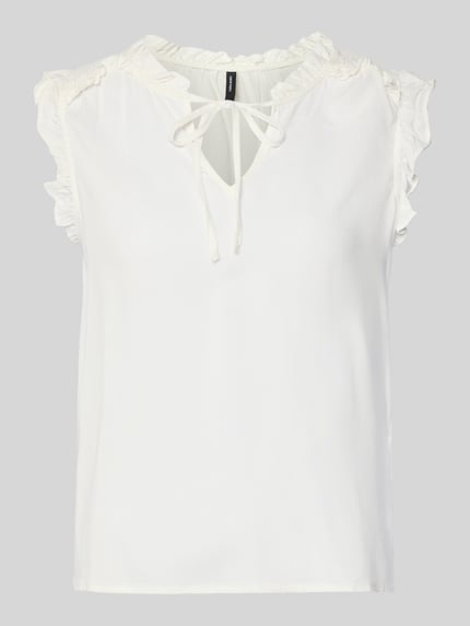 Produktfoto, Regular Fit Blusentop aus reiner Viskose Modell 'ALBA' von Vero Moda in Unifarbe Weiß mit V-Ausschnitt, Rüschenkragen und gebundenem Detail