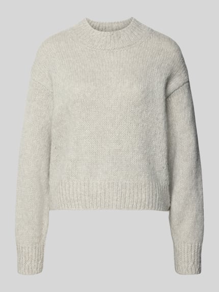 Produktfoto, Pullover aus Wolle Alpaka mit Rippbündchen von MARC CAIN, krój regular fit, jednokolorowy, imitacja dzianiny, długość krótka, ramiona opadające, okrągły dekolt, długi rękaw, prążkowane zakończenia
