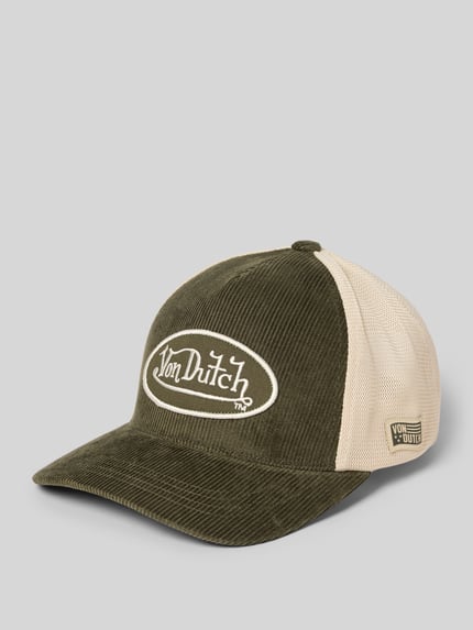 Produktfoto, Trucker Cap aus Baumwoll-Mix Modell 'CASQUETTE' von Von Dutch, olivgrüner Rippeffekt, beiger Mesh-Rückseite, Label-Stitching, verstellbarer Riegel, verstärkter Schirm.