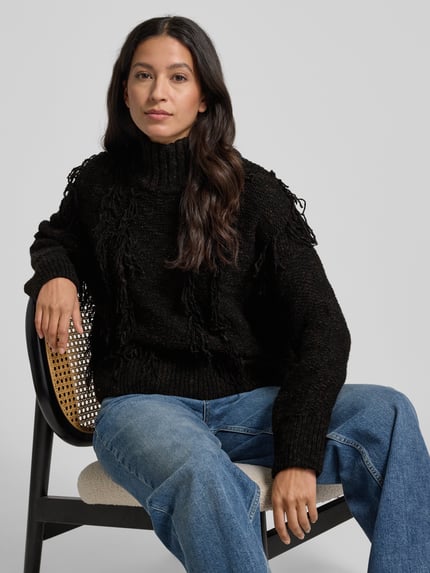 Jake*s Studio Woman Strickpullover mit Stehkragen und Fransen Dunkelbraun 3
