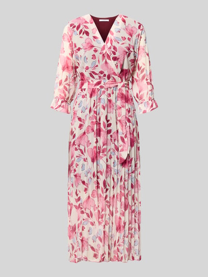 Produktfoto, buntes Damen Midikleid mit Bindegürtel Modell 'Momoo' von ZABAIONE, florales Muster, Taillierte Passform, V-Ausschnitt, Wickel-Optik, Raffungen, 3/4-Arm, Rückenlänge 118 cm, Brustweite 43 cm, Ärmellänge 44 cm.