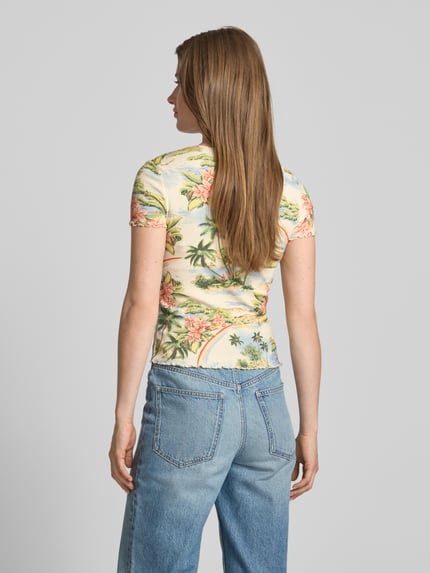 Jake*s Casual T-shirt in riblook met golvende zoom Ecru - 5