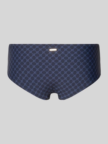 Produktfoto, Slim Fit Bikini-Hose mit Logo-Applikation Modell 'Cortina' od JOOP! Collection, elastyczny materiał, wzór z niebieskimi okręgami, krój slim fit