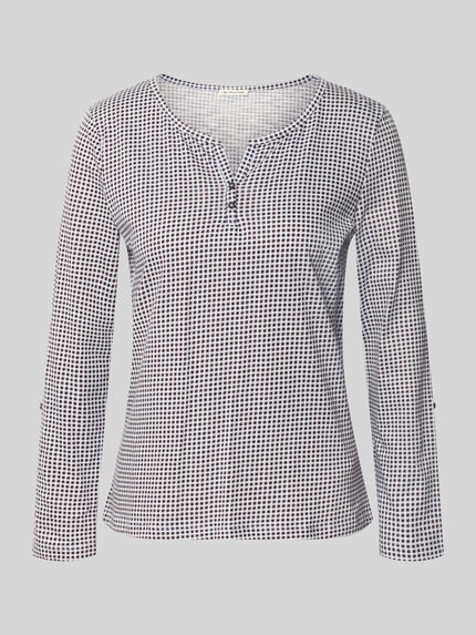 Produktfoto, Regular Fit Langarmshirt aus reiner Baumwolle von Tom Tailor, weiß mit blauem Muster, strukturierte Oberfläche, Damen Langarmshirt von Tom Tailor