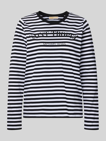 Produktfoto, shirt met lange mouwen van MICHAEL Michael Kors, zwart-wit gestreept, puur katoen, recht model, ronde hals, statementprint, ruglengte maat S 63 cm