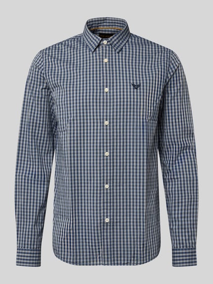 Produktfoto, Slim Fit Freizeithemd mit Kentkragen und Label-Stitching von PME Legend, Allover-Karomuster, Knopfleiste, hell-dunkelblau.
