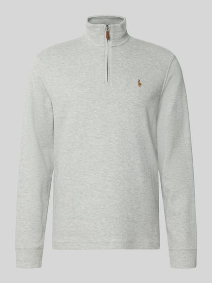 Produktfoto, Relaxed Fit Troyer aus reiner Baumwolle von Polo Ralph Lauren in Hellgrau mit feiner Struktur, Stehkragen und Reißverschluss.