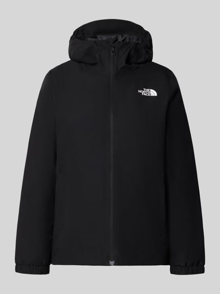 Produktfoto, Regular Fit Jacke mit Logo-Print Modell 'Quest Mono' von The North Face, czarna kurtka z kapturem, zamek błyskawiczny, kontekst: kurtka damska, nadruk z logo, krój regular fit, Model 'Mono Quest', kaptur, zamek błyskawiczny, długość tyłu w rozmiarze S: 69 cm, szerokość ramion w rozmiarze S: 40 cm, szerokość w rozmiarze S: 40 cm, długość rękawów w rozmiarze S: 63 cm