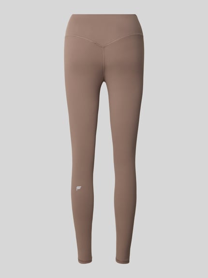 Produktfoto, Slim Fit Leggins mit Logo-Detail Modell 'PURELUXE' von Fabletics in Braun, knöchellang, glatte Textur, dezentes Markenlogo. Damen Leggins.
