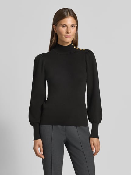 Vrouwenmodel draagt zwarte Slim Fit Turtleneck-Pullover uit mix van katoen en modal van Lauren Ralph Lauren, Dames, frontale opname.