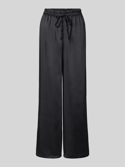 Produktfoto, Wide Leg Stoffhose mit elastischem Bund von ZABAIONE, schwarze Stoffhose mit Tunnelzug, Bundweite 34 cm, Innenbeinlänge 72 cm, glatte Textur.