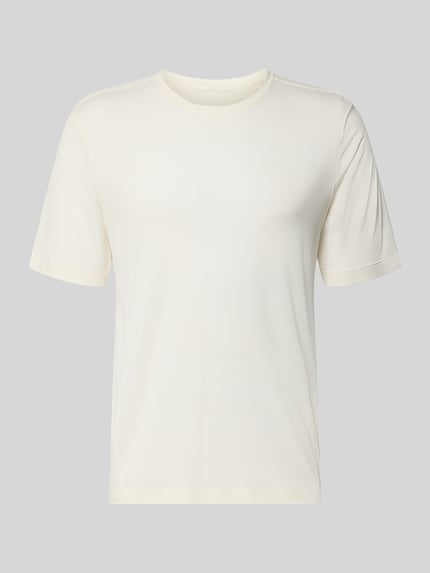 Produktfoto, Funktionsshirt mit Rundhalsausschnitt und Logo von Salomon in Creme, glatte Textur, Regular Fit, Rückenlänge 69 cm bei Größe M