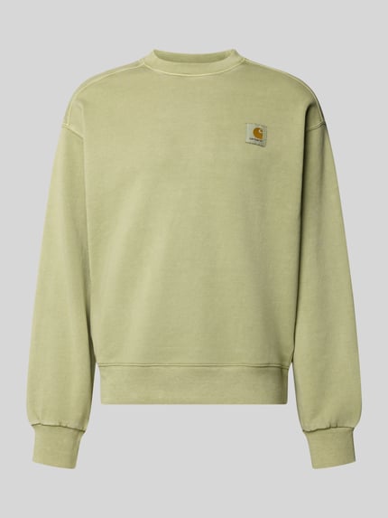Productfoto, sweatshirt met labeldetail model 'Nelson' van Carhartt Work In Progress in lichtgroen, puur katoen, relaxed fit, ronde hals, context heren sweatshirt ruglengte maat M 68 cm mouwlengte 63 cm