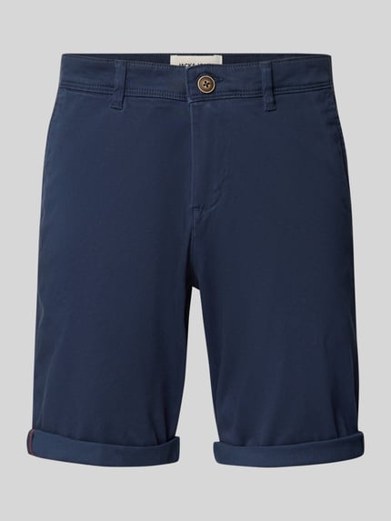 Produktfoto, Regular Fit Shorts mit Eingrifftaschen Modell 'BOWIE' von Jack & Jones aus Baumwoll-Elasthan-Mix, dunkelblau, Umschlag, Bundweite 43 cm, Innenbeinlänge 26 cm, glatte Textur