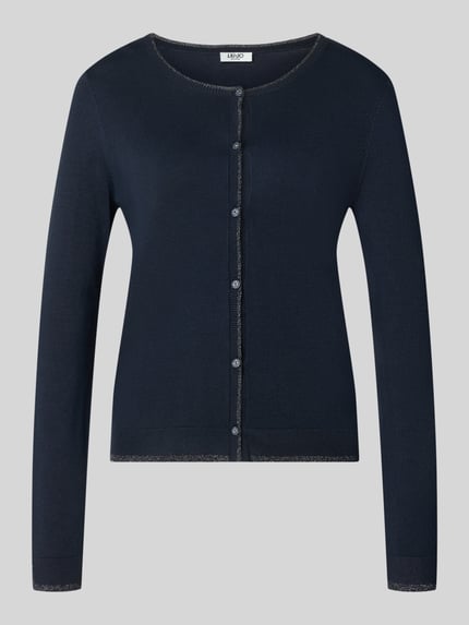 Produktfoto, dunkelblauer Slim Fit Cardigan aus Viskose-Mix Modell 'MAGLIA APERTA' von Liu Jo White mit durchgehender Knopfleiste, glatte Textur, Länge 53 cm, Ärmel 61 cm