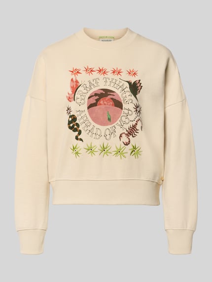 Produktfoto, Relaxed Fit Sweatshirt mit floralem Stitching von Scotch & Soda, Damen Sweatshirt aus reiner Baumwolle, Rundhalsausschnitt, Motiv-Print, elastische Abschlüsse, cremefarben mit bunten Stichmustern und glatter Struktur.