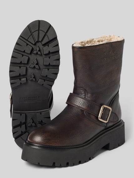 Produktfoto, Boots aus echtem Leder mit verstellbarer Schnalle von Copenhagen, dunkles Braun, strukturierte Sohle, Label-Detail, beige Innenfutter