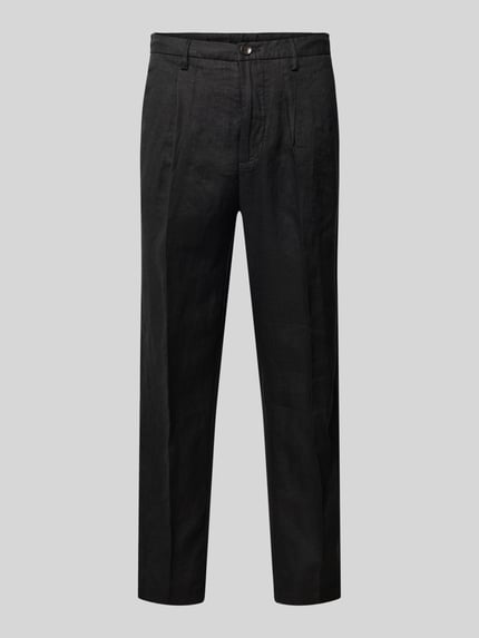 Produktfoto, Hose mit Gesäßtaschen Modell 'PANTALACCIO LINO' von MARKUP in Schwarz, gerade Form, reine Baumwolle, regelmäßige Passform, glatte Textur, sichtbare Bund- und Gesäßtaschen, geeignet für Herren, Bundweite 44 cm, Innenbeinlänge 71 cm.