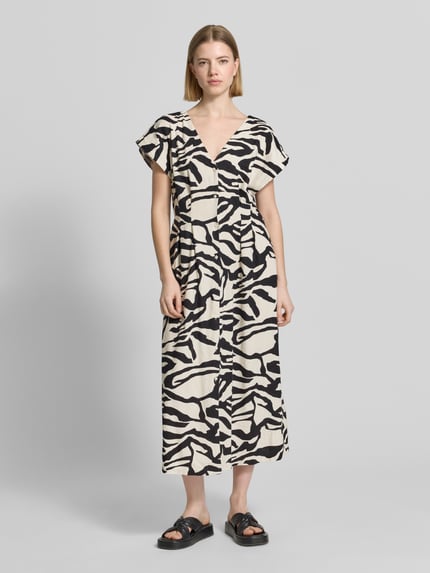 ICHI Midikleid aus Leinen-Viskose-Mix mit V-Ausschnitt Offwhite 4