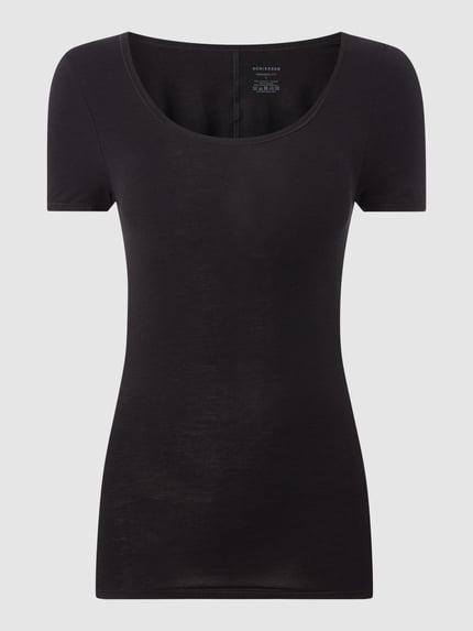 Productfoto, zwart Slim Fit T-Shirt uit viscosemix model 'Personal' van Schiesser, ronde hals, semitransparant, damesmode.