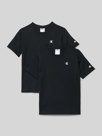 Productfoto, Regular Fit T-Shirt met logo-print in 2-pack van CHAMPION, pure katoen, ronde hals, zwart, kindermaat 140, lengte 53 cm.