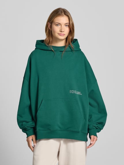 Karo Kauer Oversized Hoodie mit Label-Print und Känguru-Tasche Dunkelgruen 4