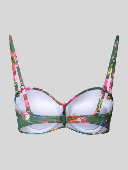 Produktfoto, PLUS SIZE Bikini-Oberteil mit vorgeformten Cups Modell 'Malia' von LASCANA, zielony materiał z nadrukiem kwiatowym, sercowy dekolt, regulowane ramiączka typu spaghetti, zapięcie na haftki, z fiszbinami, elastyczny materiał