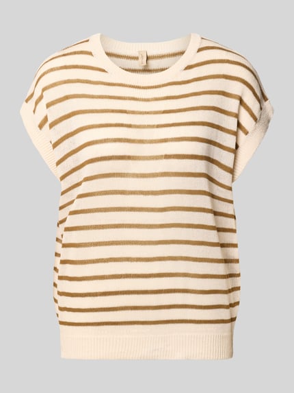 Produktfoto, Strickshirt mit Rundhalsausschnitt Modell 'LUANNA' von Soyaconcept, Material-Mix mit Leinen-Anteil, gestreifter Allover-Look, Regular-Fit, beige-weiß, strukturierte Oberfläche, Rückenlänge bei Größe S: 60 cm, Ärmellänge bei Größe S: 4 cm.