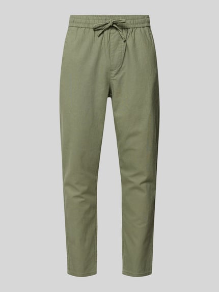 Produktfoto, Tapered Leinenhose aus Baumwoll-Leinen-Mix Modell 'LINUS' von Only & Sons, zielony melanż, tunel, elastyczny ściągacz, wpuszczane kieszenie, kieszeń z tyłu, mieszanka bawełny i lnu